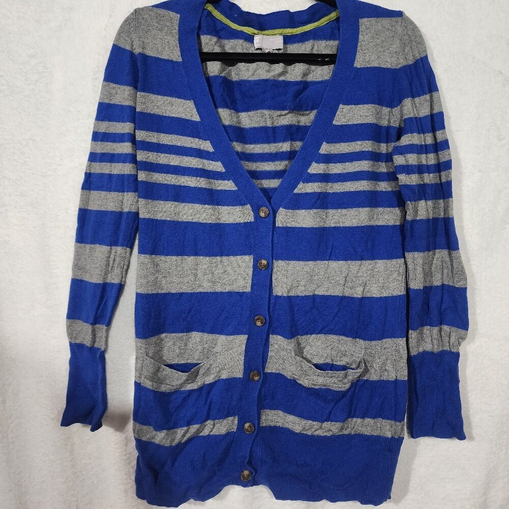 JCP Cashmere Modal Blend Long Sleeve Button Up Striped Gray Royal Blue Cardigan